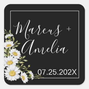 Dramatische zwart-wit madeliefjes bruiloft vierkante sticker