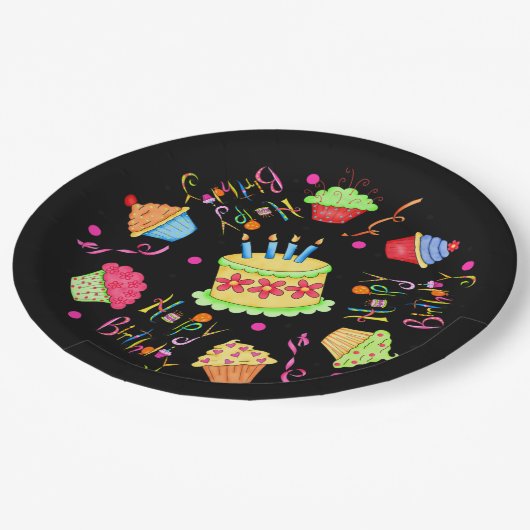 Dramatische zwarte cupcakes en Cake Happy Birthday Papieren Bordje (Gekanteld)