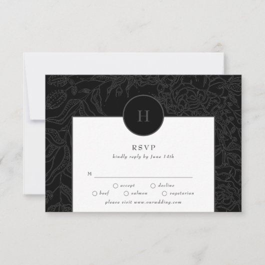 Dramatische zwarte Elegant Monogram Floral Wreator RSVP Kaartje (Voorkant)