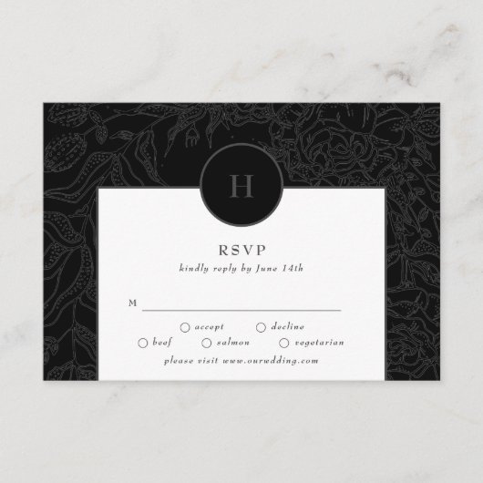 Dramatische zwarte Elegant Monogram Floral Wreator RSVP Kaartje (Voorkant)