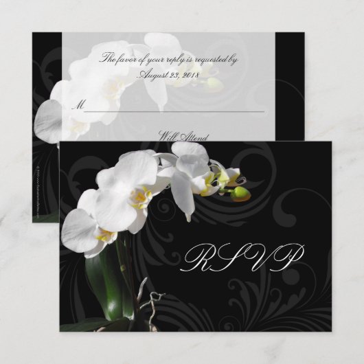 Dramatische Zwarte en Witte Orchidee Overeenkomsti RSVP Kaartje (Voorkant / Achterkant)