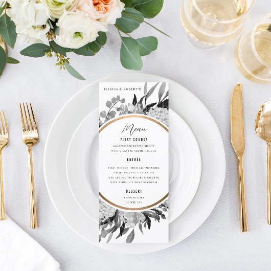 Dramatische zwarte en witte Waterverf Floral Weddi Menu