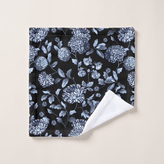 Dramatische zwarte zilver Blauwe Floral Bad Handdoek (Wasdoekje)