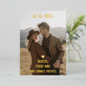 Drank Eten en Slechte Dansbewegingen Grappig Bewaa Folie Uitnodiging (Staand Voorkant)