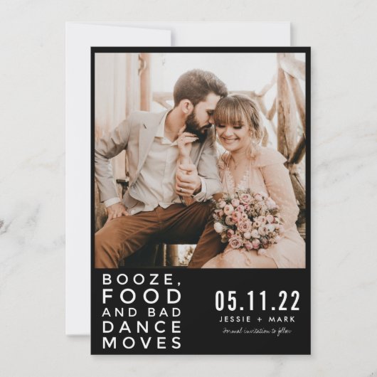 drank, eten, slechte dans beweegt land foto save the date (Voorkant)