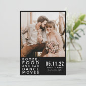 drank, eten, slechte dans beweegt land foto save the date (Staand voorkant)