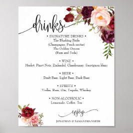 Dranken menukaart bord bruiloft marsala bloem boho poster