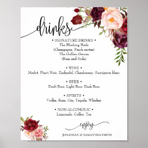 Dranken menukaart bord bruiloft marsala bloem boho poster