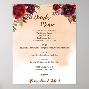 Drankenkaart Bordeaux Bloemen Bruids Huwelijksbord Poster
