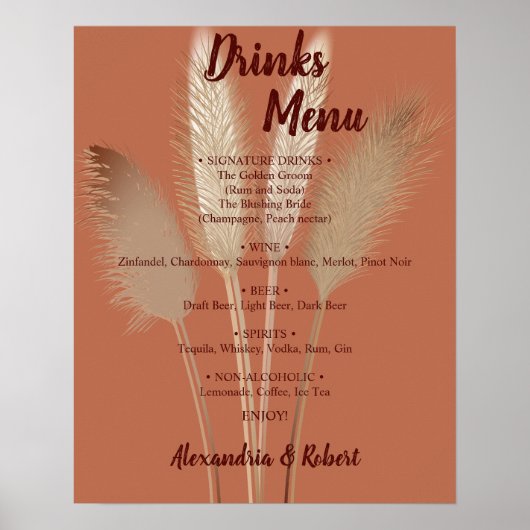 Drankenmenu Pampasgras Bruids Huwelijk Bord Poster (Voorkant)