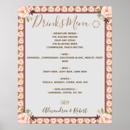 Drankenmenu Roze Bloem Frame Bruids Huwelijk Bord Poster