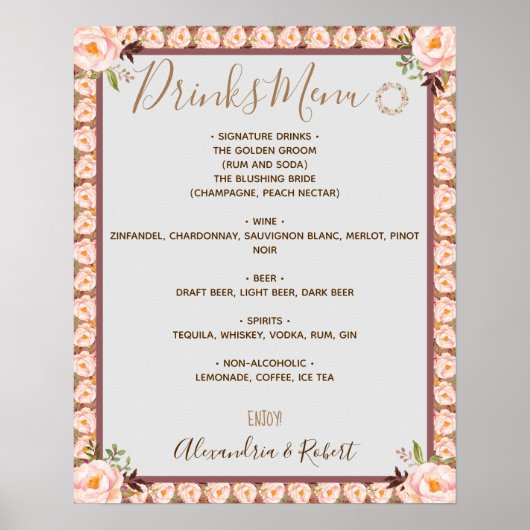 Drankenmenu Roze Bloem Frame Bruids Huwelijk Bord Poster (Voorkant)
