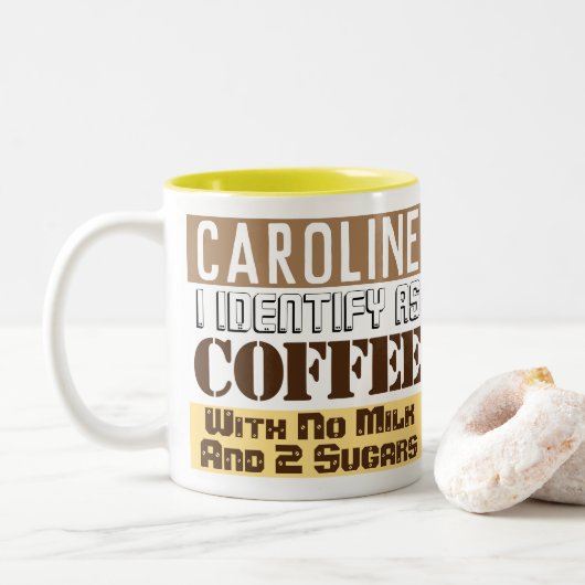Drankinstructies met naam tweekleurige koffiemok (Met donut)