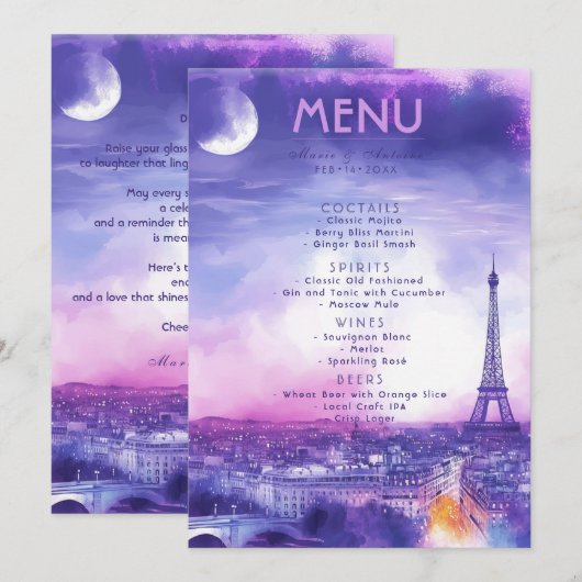 DRANKJES + mooie tekst Amour Éternel  Menu (Voorkant / Achterkant)