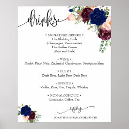 Drankkaart bord bruiloft marine rood bloem poster