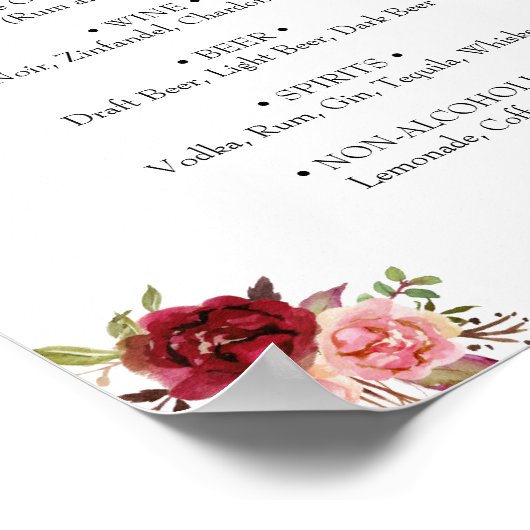 Drankkaart bord bruiloft marsala bloemig boho chic poster (Hoek)
