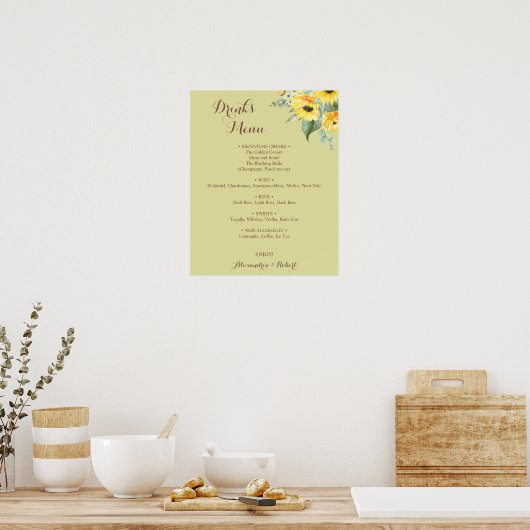 Drankmenu Zonnebloemen Groene Bruiloft Poster (Keuken)