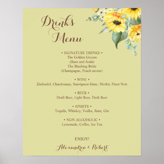 Drankmenu Zonnebloemen Groene Bruiloft Poster (Voorkant)