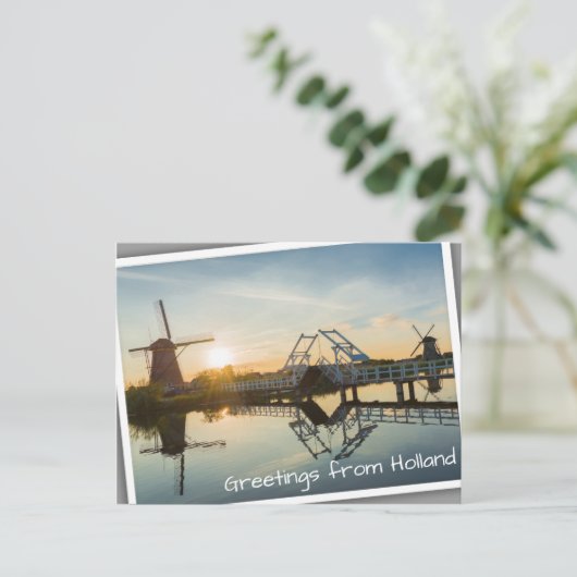 Drawbridge en windmolens bij zonsondergang in Nede Briefkaart (Staand voorkant)