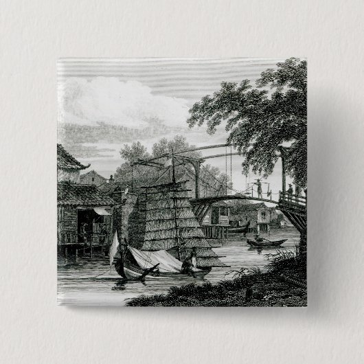 Drawbridge in Malacca, gegraveerd door George Cook Vierkante Button 5,1 Cm (Voorkant)