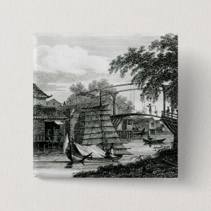 Drawbridge in Malacca, gegraveerd door George Cook Vierkante Button 5,1 Cm