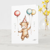 Drawing of Teddy Bear in Birthday Hat Kaart (Gele Bloem)