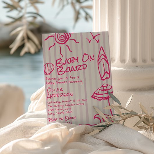 Drawn Baby aan boord Surf Summer Girl Baby shower Kaart