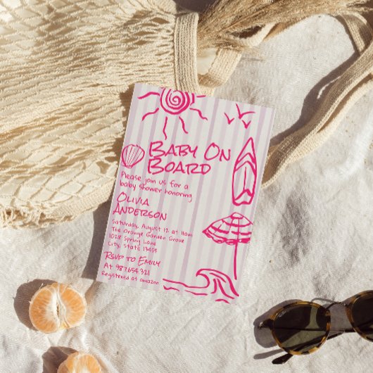 Drawn Baby aan boord Surf Summer Girl Baby shower Kaart