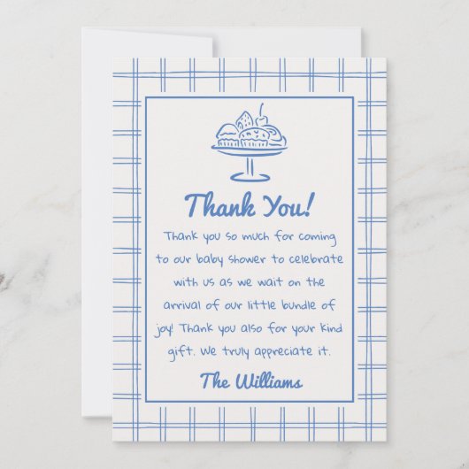 Drawn Blue Gekke Goose Gingham Boy Baby shower Bedankkaart (Voorkant)