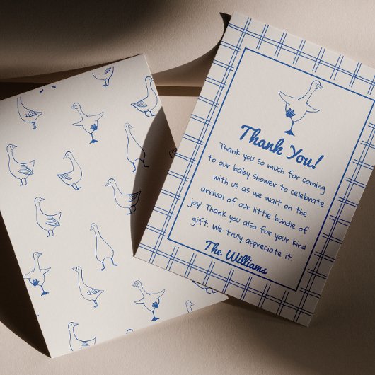 Drawn Blue Gekke Goose Gingham Boy Baby shower Bedankkaart