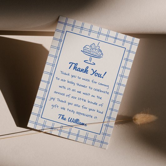 Drawn Blue Gekke Goose Gingham Boy Baby shower Bedankkaart