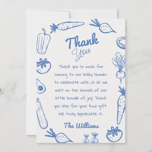 Drawn Blue Lokaal geteelde groenten Baby shower Bedankkaart (Voorkant)