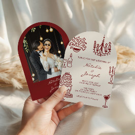 Drawn Burgundy Romantic Photo Arched Wedding Kaart