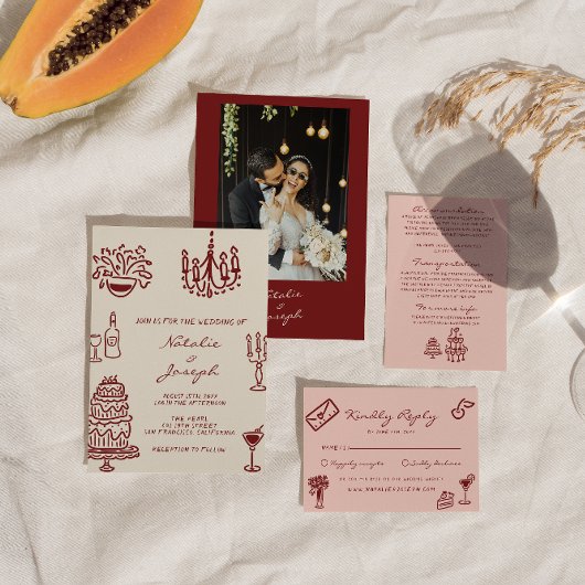 Drawn Burgundy Romantic Whimsical Photo Wedding Kaart