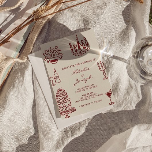 Drawn Burgundy Whimsical Photo QR Code Wedding Kaart