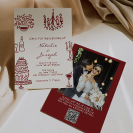 Drawn Burgundy Whimsical Photo QR Code Wedding Kaart