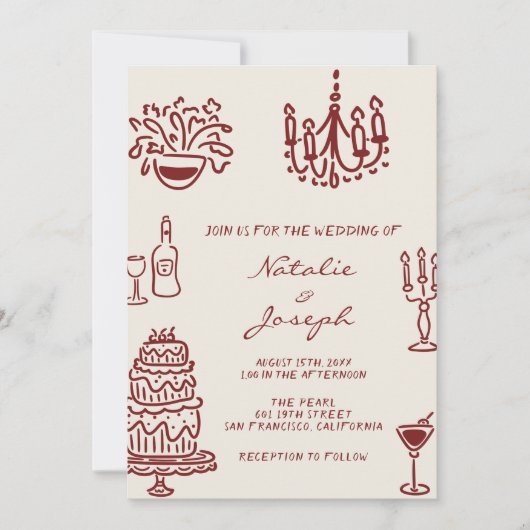 Drawn Burgundy Whimsical Photo QR Code Wedding Kaart (Voorkant)