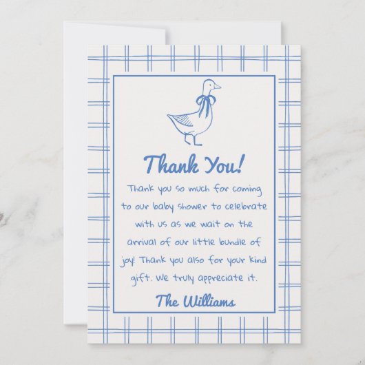 Drawn Goose Gingham Blue Classic Boy Baby Shower Bedankkaart (Voorkant)
