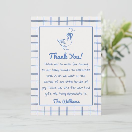 Drawn Goose Gingham Blue Classic Boy Baby Shower Bedankkaart (Staand voorkant)