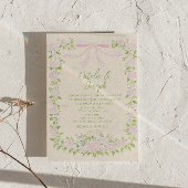  Drawn Green Pink Bow Floral Photo QR Code Wedding Kaart