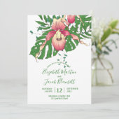 Drawn Pink and Yellow Lady Slipper Orchid Wedding Kaart (Staand voorkant)