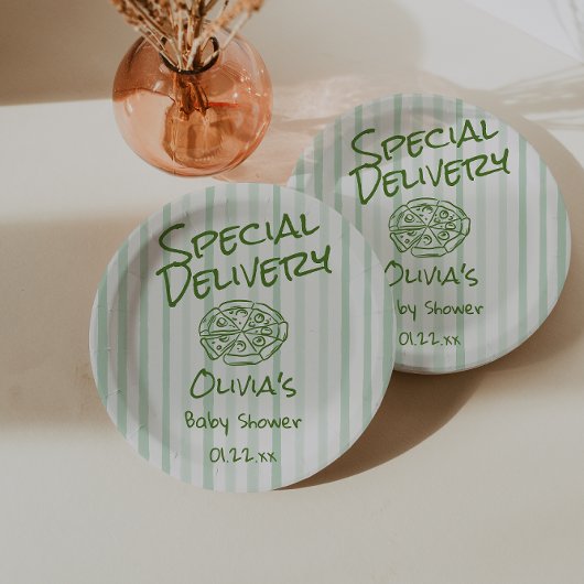 Drawn Pizza Green Special Delivery Baby shower Papieren Bordje