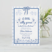 Drawn Silly Goose blue Gingham Ribbon Baby Shower Kaart (Staand voorkant)