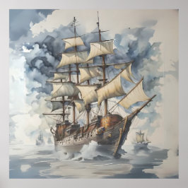 Dreadnought's Embrace Brown Battle Ship Blue Poster