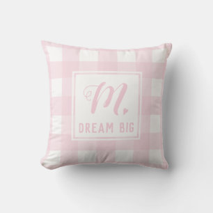 Dream Big Baby Pink Monogram Extra Grote Gingham Kussen