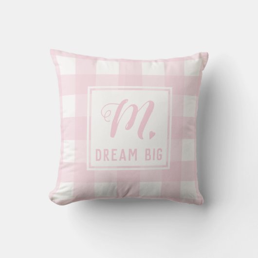 Dream Big Baby Pink Monogram Extra Grote Gingham Kussen (Voorkant)