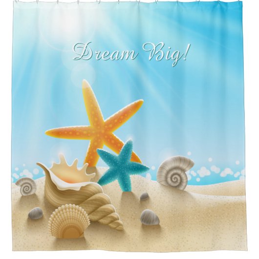 Dream Big - Beach scène met zeesterren en zeeschel Douchegordijn (Voorkant)