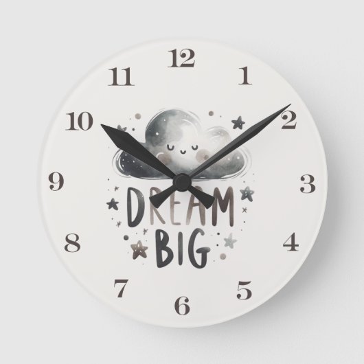 Dream Big Cloud and Stars Nursery Wall Clock Ronde Klok (Voorkant)
