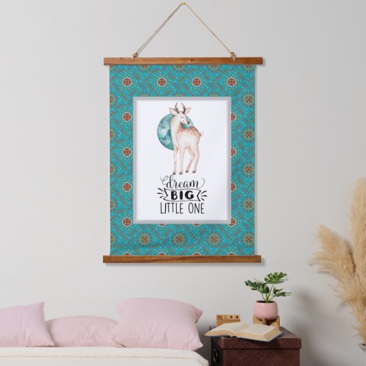 Dream Big Deer Boho Blue Border Nursery Art Hangend Wandkleed (Slaapkamer)