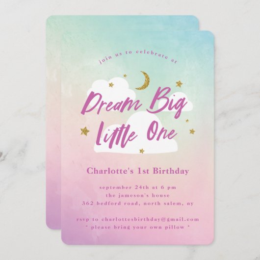 Dream Big Little One 1st Birthday Uitnodiging (Voorkant / Achterkant)